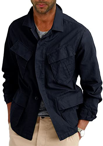 Runcati Leichte Safari-Jacke für Herren, Baumwolle, mit Knopfleiste, Outdoor, Militär, Cargo-Oberbekleidung
