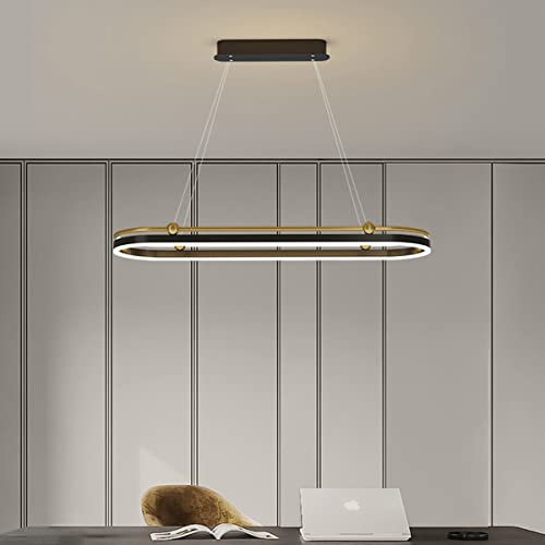 Bellastein LED Oval Esstisch Pendelleuchte Moderne Dimmbar mit den Fernbedienung Pendellampe Höhenverstellbar Deckenleuchte für Wohnzimmer Küche Esszimmer Büro usw (schwarz+gold, L120cm/104W)