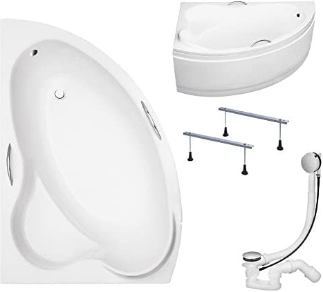 KOLMAN Badewanne ADA Eckbadewanne 140x90 Links mit AcrylSchürze, Ablaufgarnitur und Füßen Komplettset 4in1 Premium Original Acryl Wanne Siphon