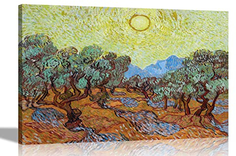 Artley Prints Vincent Van Gogh - Tela da parete con alberi di ulivo con cielo giallo e sole - Quadro colorato con cornice, 40 x 30 cm, formato A3