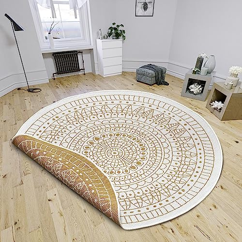 Hanse Home Northrugs Porto In- und Outdoor Teppich Rund – Runder Wendeteppich Wasserfest Mandala Design Flachgewebe Teppich Wetterfest für Balkon, Terrasse, Garten, Wohnzimmer in Ocker, ⌀200cm