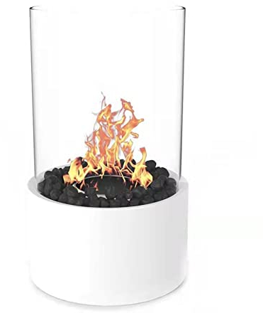 Tabletop Fireplace, Bioethanol Fireplace Metal Fire Pit, Portable Smokeless Bio Ethanol Fuel Fire Bowl Pot with Glass Cover for Indoor Home Kitchen Living Room Outdoor Garden Balcony Camping (White)