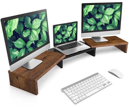 Rfiver Monitorständer Monitor Stand Bildschirmerhöhung - Holz Dual Unterbau Bildschirm Laptop Ständer Tisch Erhöhung für 2 PC Notebook Computer Swivel Länge Justierbar | (840-1232)*235*95mm (Braun)