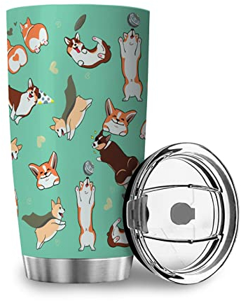 Zbbfwu Corgi Print Kaffeebecher to go Cartoon Hund Thermobecher Edelstahl Auslaufsicher Kaffeetasse Isolierbecher Corgi 600ml