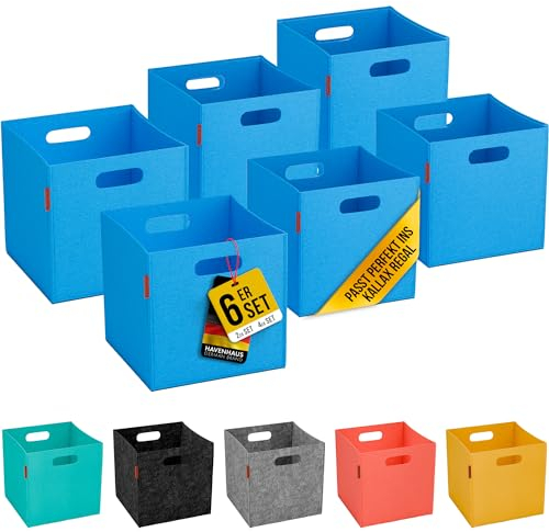 Havenhaus Filzkorb faltbar 6er Set blau 30x30x30cm | 6er Set Boxen Aufbewahrung Filz | Körbe geeignet für Aufbewahrung im ganzen Haus | Aufbewahrungsbox Kallax Boxen | Filzboxen Aufbewahrung