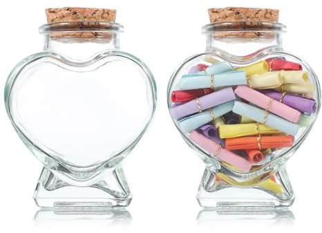 Kichvoe 2 Botellas de los Deseos: Frascos de Cristal con Forma de Corazón y Corcho para Decoración, Bricolaje, Recuerdos y Almacenamiento - 50 ml