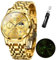 OLEVS Uhren für Herren Diamant Luxus Kleid Chronograph Quarz Uhr Business Casual Datum Mondphase Herrenuhr Wasserdicht Leuchtende Edelstahl Herrenuhr, All Gold Uhren für Herren, Armband