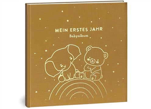 Mein erstes Jahr Babyalbum - Hochwertiges Leinenbuch mit Goldprägung für die schönsten Erinnerungen - Babybuch zum Eintragen für das erste Lebensjahr - Baby Geschenk zur Geburt (Regenbogen Gold)