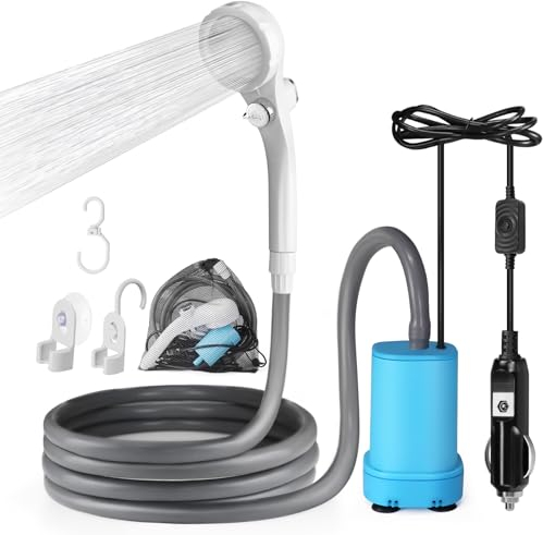 AUTOPkio Ducha Camping 12V, Ducha Portátil para Acampar al Aire Libre con Bomba Mejorada para Autocaravanas, Viajes, Lavado de Autos (Azul, Sin pulverizador)