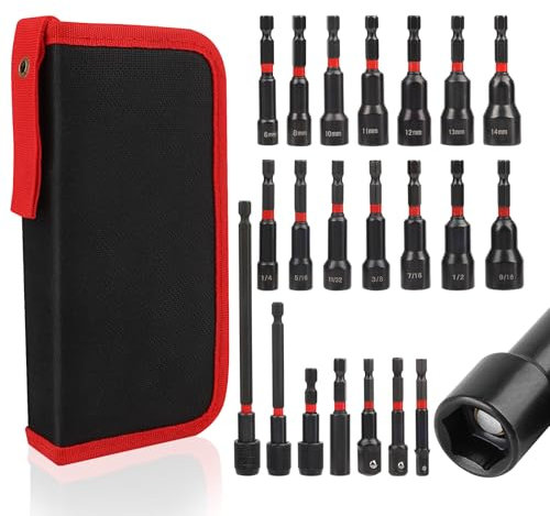 21PCS Magnetic Nut Driver Set, Impact Driver Socket Sets, Impact Drill Bit 1/4'' Hex Shank, Cr-V Steel Power Drivers with SAE (1/4 to 9/16), Metric (6-14mm) Size, Long Nut Quick Release Drive