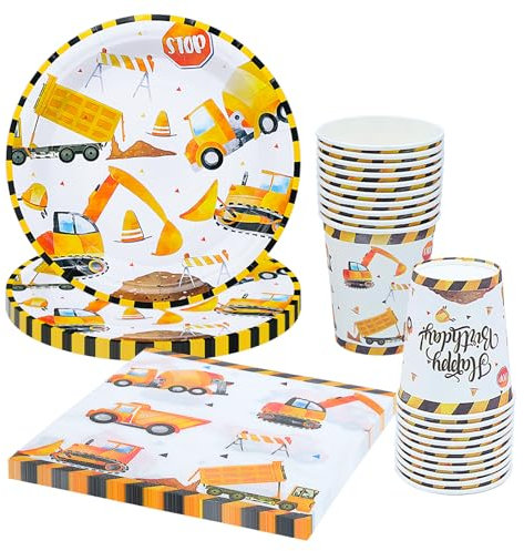 Cisolen 60 Pieces Digger Birthday Party Tableware Construction Excavator Parties Supplies Parties Plates Cups and Napkins Disposable for Children's Theme Birthday Party Shower Decoration