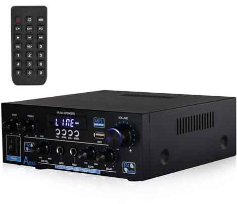 Stereo Audio Amplifier 2 Channel, 1000W Bluetooth 5.3 Amp TPA3116 Chip, Hifi Amplifier for Two 50W x2 Speakers of About 8 Inches, USB/FM/MIC, for TV, for home or your Car (AK55)