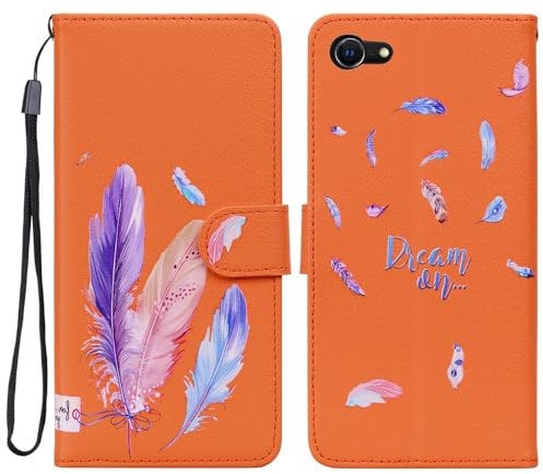 Tiyoo Case for iPhone SE 2nd/3rd Generation/iPhone 7/iPhone 8, Bright Colorful PU Leather iPhone 7/8/SE2/SE3 Phone Case with Feathers Pattern, Card Slots & Magnetic Closure, Orange