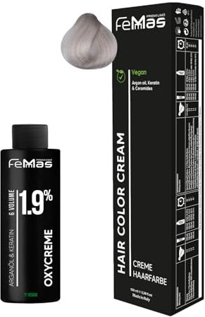 Femmas Set de tinte para el cabello extra rubio platino perla ceniza 12.81 I Hair Color Cream 100 ml + crema de óxido 100 ml 1,9% I coloración permanente del cabello + desarrollador I Suave y duradero