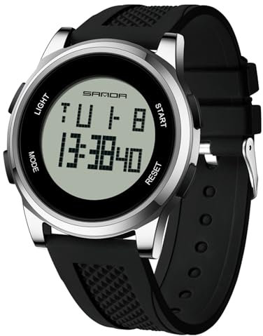 Yuxier Orologio sportivo da uomo, impermeabile, cronografo, digitale, con retroilluminazione a LED, sveglia, data, Argento e bianco, Cinturino