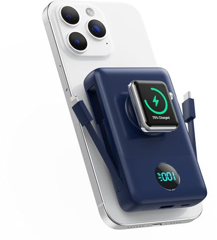 Magnético Power Bank con Cable Integrado para MagSafe, 10800mAh Bateria Externa Carga Rapida QC4.0+PD 25W USB C Inalámbrica Bateria Portatil con Pantalla LED para Apple Watch/iPhone 16/15/14/13/12