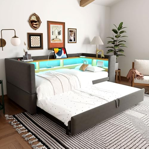 Polsterbett Tagesbett Gästebett 90x190, Schlafsofa Multifunktionsbett mit Ausziehbett&LED&USB&Staufach, Einzelbett Doppelbett Daybett Bettgestell mit Lattenrost, Flannelette, Ohne Matratze, Dunkelgrau