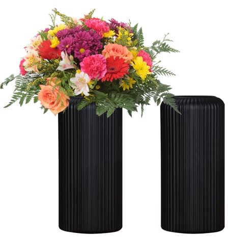 Fyfjur Vase For Flowers, 2 Pcs Plastic Vases for Flowers, Striped Modern Durable Black Flower Vases for Living Room Office Wedding Decoration (20x10cm)