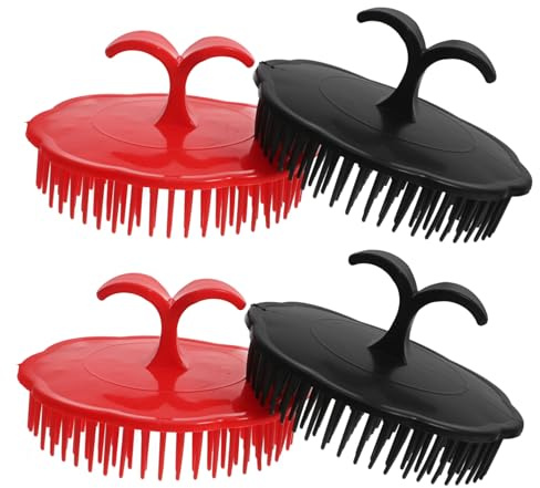 OATIPHO Runde Bürsten für manuelle Massage, Kopfhaut, 4 Stück, Schwarz und Rot, weicher Kunststoff, Peeling, für Dusche und Shampoo, Haarpflege zu Hause und auf Reisen