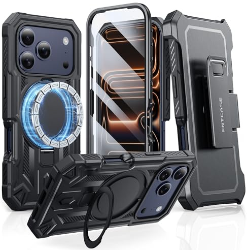FNTCASE for iPhone 17 Pro Max Case Fit for MagSafe with Belt Clip Black | Built-in Screen Protector, Sturdy Magnetic Kickstand, 360 Rotatable Holster, 20FT Military Drop Protection, Heavy Duty Cover