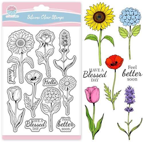 GLOBLELAND Transparente Stempel Mit Sonnenblumen Tulpen Zum Basteln von Karten Rosen Gänseblümchen Transparenter Stempel Florale Segnungen Silikonstempel Siegel Für DIY Scrapbooking Fotoalbum