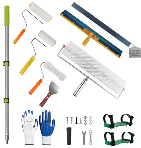 EXLECO 13er Bodenbeschichtung Set Stachelwalze, Entlüftungsroller | Inkl. Spachtelwalze, Doppelseitiger Stehrakel, Großflächenrakel, Spachtel, Nagelschuhe, Handschuhe, Steckbügel