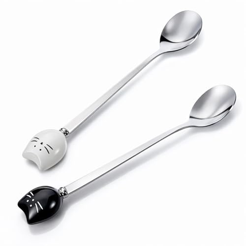 2 Pcs Cute Cat-Shaped Coffee Spoon Set Cute Cat Spoon Set Stainless Steel Tea Coffee Sugar Spoons Milk Drink Stirring Spoones Black and White Cat Design Cartoon Dessert Spoons Sets for Kitchen