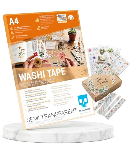 SKULLPAPER® Washi Tape A4 – 20 Bogen bedruckbar | Inkjet & Laser | Plotter-geeignet | Bestempelbar & Bemalbar | Selbstklebend ablösbar | Scrapbooking Journaling DIY
