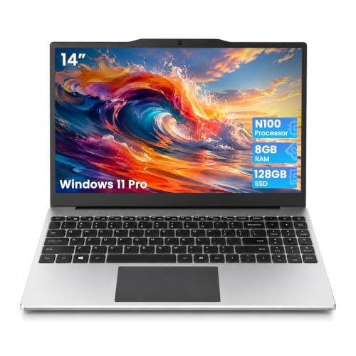Breloom 14 Zoll Laptop, 2026 Laptop Computer mit N100 Prozessor (bis zu 3,4 GHz) 8 GB DDR4 RAM 128 GB SSD, FHD IPS Display, Type-C, Win 11 Pro, WiFi 5, HDMI, leichtes Business & Student Notebook