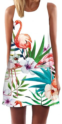 Ocean Plus Femme Multicolore Paréo Trapèze sans Manche Robe de Plage Haut Décontracté Flamant Loisir Feuilles Mini Robe (S (EU 34-36), Feuilles Vertes et Flamants Roses)