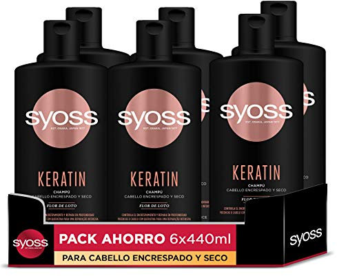 Syoss - Champú para pelo encrespado y seco - Keratin - 6uds de 440Ml - Controla el encrespamiento y repara en profundidad - Cabello como recién salido de la peluquería