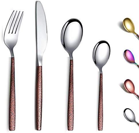 Berglander Juego de cubiertos de 24 piezas con mango de superficie lunar y cabeza dorada brillante con revestimiento de titanio acero inoxidable cuberteria de plata utensilios Servicio para 6