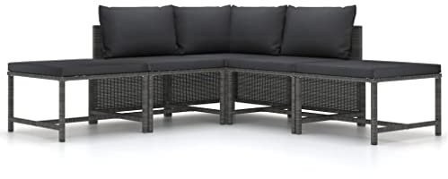 vidaXL Gartenmöbel 5-TLG. mit Auflagen Mittelsofa Ecksofa Fußhocker Sofa Lounge Gartenset Gartensofa Garten Garnitur Sitzgruppe Grau Poly Rattan