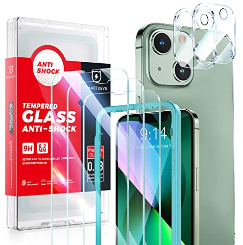 SMARTDEVIL Protector de pantalla de vidrio compatible con iPhone 13 de 6.1 pulgadas con protector de lente de cámara, dureza 9H, película de vidrio templado antiarañazos, sin burbujas