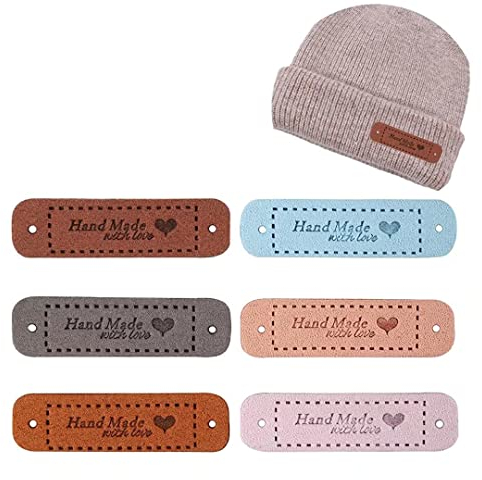 Duyteop 60 Stück Hand Made Etiketten, 10 Farben Pu Handmade Labels, Labels Zum Annähen, Verzierung Strickzubehör mit Löchern für Diy-Kleidung(1.5x5.5cm)