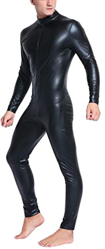 Panegy Club Party Bodysuit Jumpsuit for Men Zip Up PU Leather Onesies Metallic Shiny Leather Romper Wetlook Bodycon Leotard Onesie Catsuit for Men