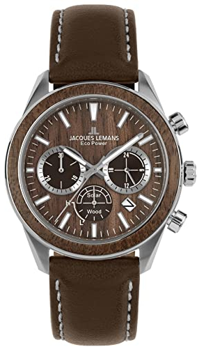 JACQUES LEMANS Herrenuhr, Eco Power Uhren Männer, Chronograph aus massivem Edelstahl mit Apfel-Leder Armband, Herrenuhr großes Ziffernblatt - Suit for Men, Model 1-2115B, Arm Herrenuhr groß