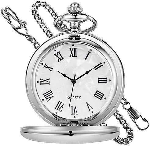 Tiong Vintage Silver Pocket Watch with Chain Roman Numerals Smooth Steel Men's Quartz Pocket Watches with Chain Clip for Men