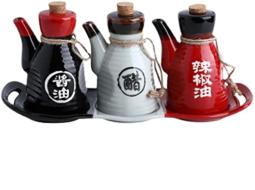 WMDSYGD Essig Ölspender 3 Teile/Satz Japanisches Stil Keramik Ölspender Flasche Set Retro Gemalt Porzellan Soja Sauce Chili Cruet Würze Container Küchenwerkzeuge Olivenöl-Spenderflasche