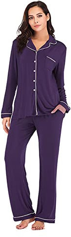 ShuoBeiter Set Pigiama per Donna Manica Lunga Pigiama Button Down con Pantaloni Lunghi Homewear(Z1, XL)