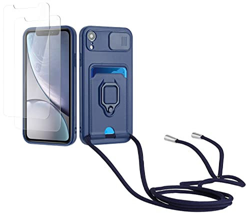 Kaslly Schutzhülle mit Kordel für iPhone XR + 2 Displayschutzfolien, TPU-Silikonhülle mit Kartenfach, verschiebbare Kameraabdeckung, doppelseitiger Schutz, Marineblau