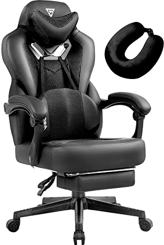 Vigosit Sedia da gaming, con poggiapiedi, in rete, PC, con funzione di massaggio, ergonomica, per computer, capacità di carico di 150 kg, grande e alta, per ufficio, gaming (nero), JD-0301