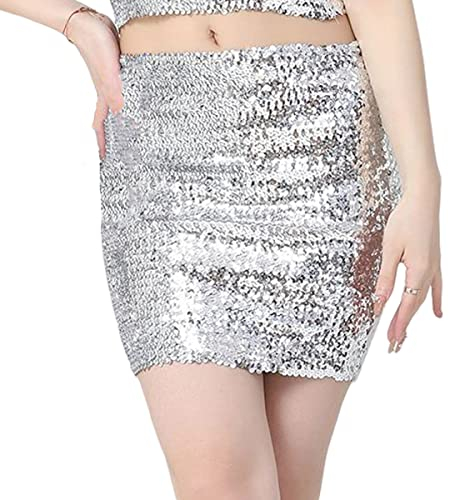 Frauen Paillettenröcke, Funkle dehnbare Bodycon Glitzer Röcke, Glänzender kurzer Hip Wrap Rock Minirock für Party Cocktail Kleid Performance Kostüm
