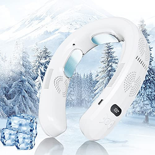 neck fan neck air conditioner 26h ultra-long life, 9600mah portable fan, semiconductor cooling ultra-quiet triple-core intelligent digital display and heating dual-use, white-6000mah (tc06)