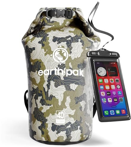 Earth Pak – Wasserdichter Packsack mit Schultergurt und wasserfester Handyhülle – Ideale Rolltop Tasche beim Kajak Fahren, Wandern, Camping, Angeln, Bootfahren und Rafting (Tarnung, 40L)