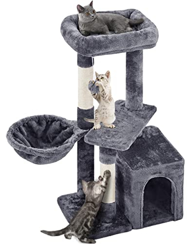 Yaheetech Árbol Rascador para Gatos con Poste Cesta Cuerda de Agarre 50x34.5x87 cm Castillo Torre para Gatos Gris Oscuro