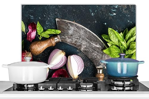 KitchenYeah© Spritzschutz Küchenrückwand Platte Kuchendeko Aluminium Platte Kitchen Wall Protector Rückwand KücheGemüse - Kräuter - Wiegemesser - Zwiebel - Gewürze - Rustikal - 70x50 cm