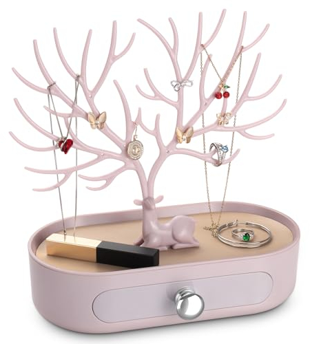 penobon Arbre Porte Bijoux avec Tiroirs, Support Présentoir à Bijoux pour Boucles D'oreilles, Colliers, Bracelets et Bagues, Plastiques, Poignée Plaquée Argent