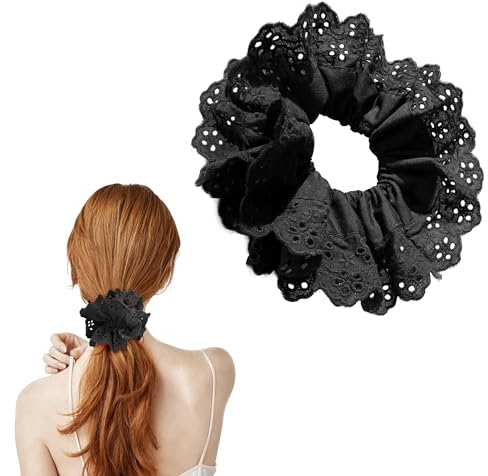 Black Lace Scrunchies Large Hair Scrunchies for Women,Elastic Hair Bands Scrunchy Soft Hair Ties Ropes,Bobbles Ponytail Holders for Thick Hair Black Scrunchie Accessories for Ladies Girls