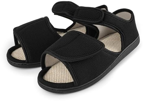 TIESTRA Mens Sandals Open Toe Non-Slip Slipper Boots Wide Fit Adjustable Shoes for Indoor & Outdoor Black 10UK-44EU